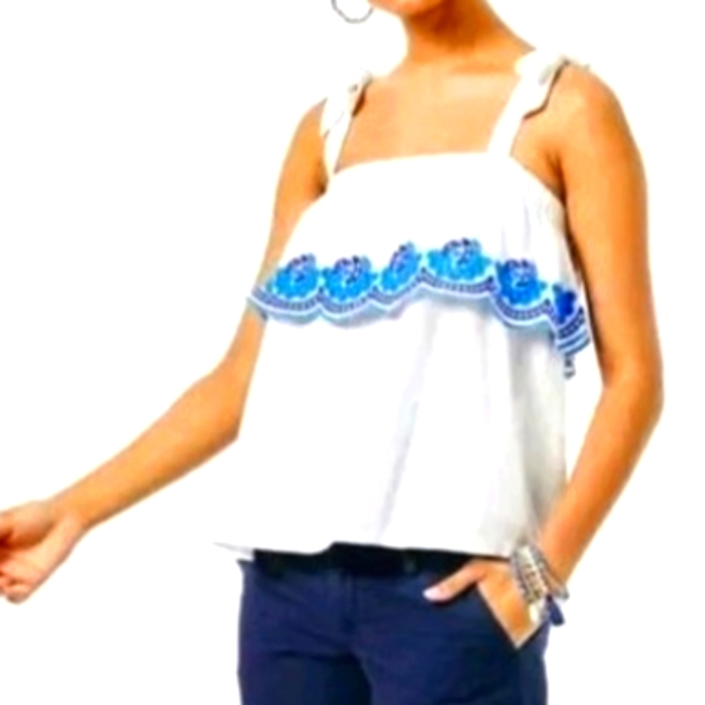 Lilly Pulitzer Benita Scalloped Top In Resort White with Blue Embroidery